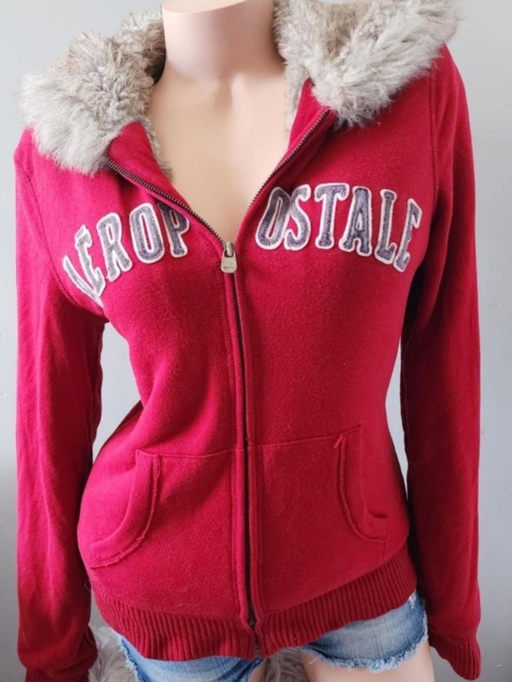 Aeropostale Red Zip-Up Hoodie with Faux Fur Trim